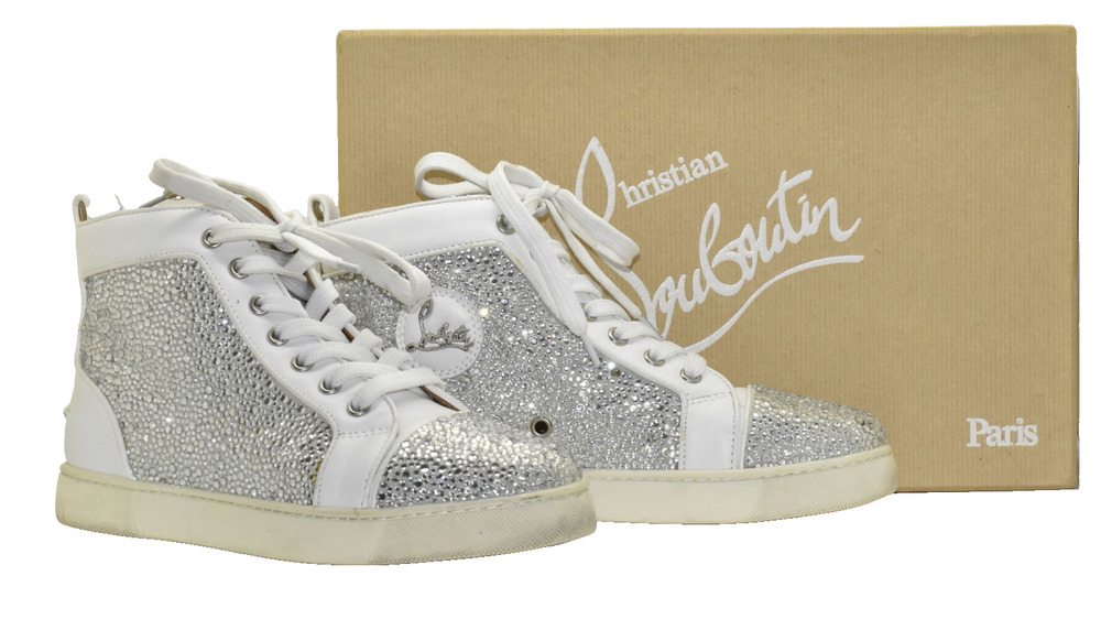 B00 Auth CHRISTIAN LOUBOUTIN Louis Wht Leather Crystal Embellished Sneaker Sz 37